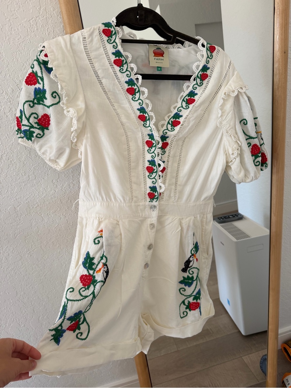 FARM Rio Cream Embroidered Strawberry Romper with Green & Red Accents - Picture 3 of 10